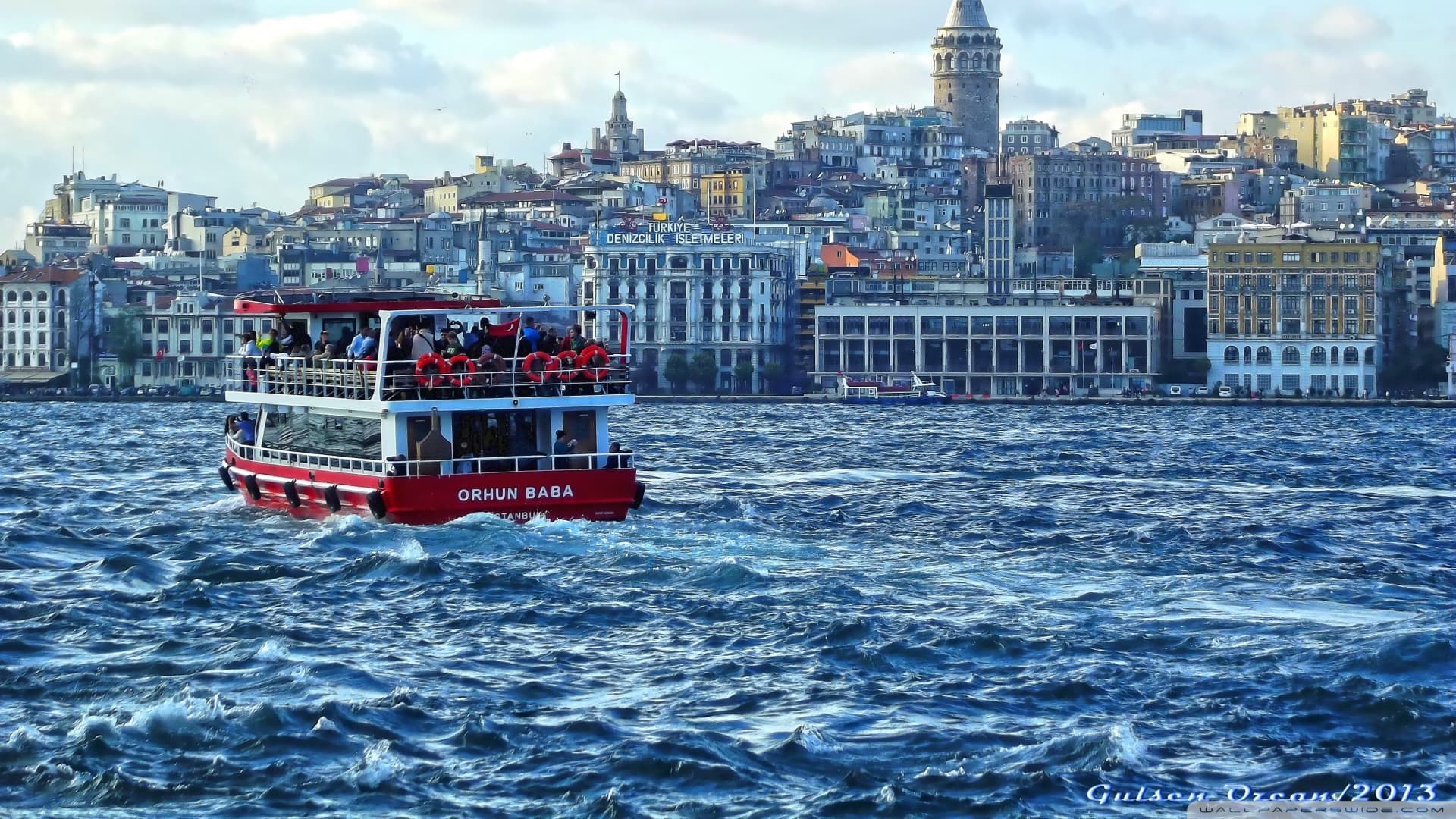 A ferry on the Golden Horn below Galata Tower